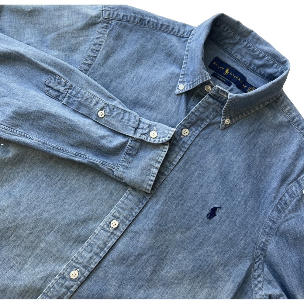 Polo Ralph Lauren Shirt Mens S Slim Fit Chambray Blue Long Sleeve Distressed